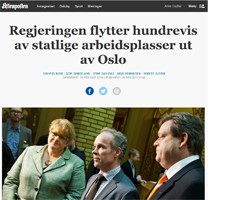 Utklipp fra Aftenposten: "Regjeringen flytter hundrevis av statlige arbeidsplasser ut av Oslo"